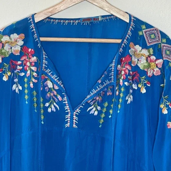 JOHNNY WAS Blue Embroidered Tunic Top Long Sleeve V Neck Floral Geometric - Picture 3 of 10
